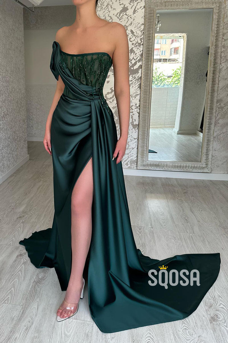 Strapless Bedaed Green Illusion Pleats Satin Long Prom Dress with Sweep Train QP0880