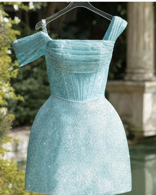 A-line Unique Straps Glitter Sleeveless Blue Cute Homecoming Dress QS2200