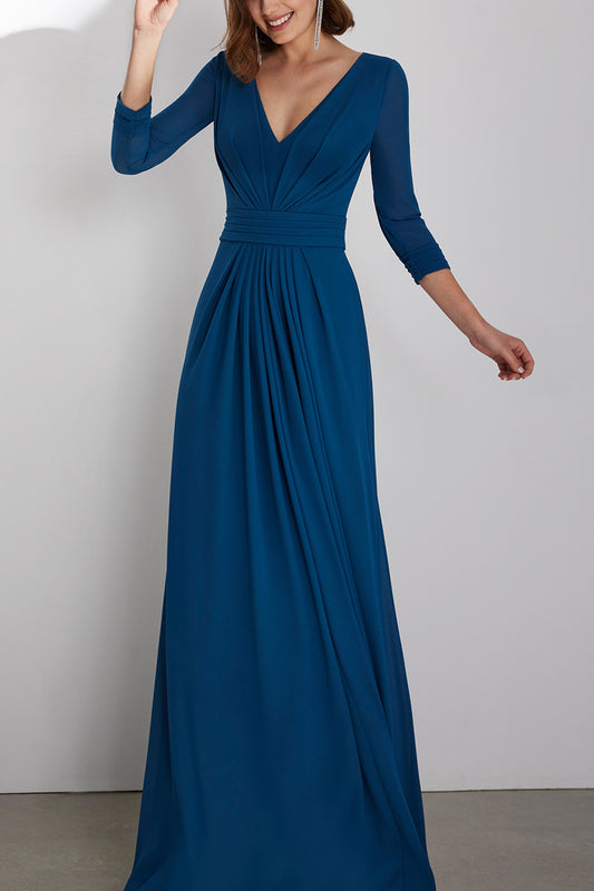V-Neck 3/4 Sleeves A-Line Pleats With Train Cocktail Dress QM3375