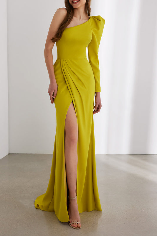 One Shoulder Long Sleeves Ruched With Side Slit Fitted Cocktail Dress QM3377