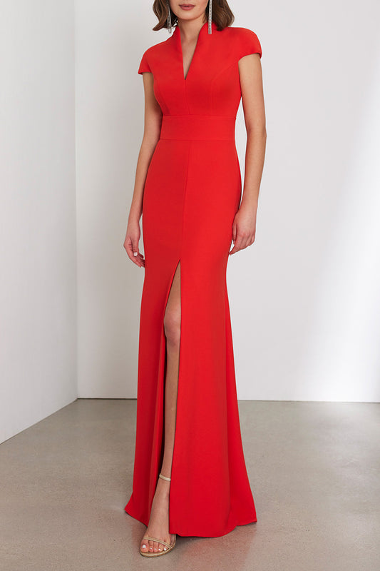 Sexy Fitted V-Neck Cap Sleeves With Slit Evening Cocktail Dress QM3378