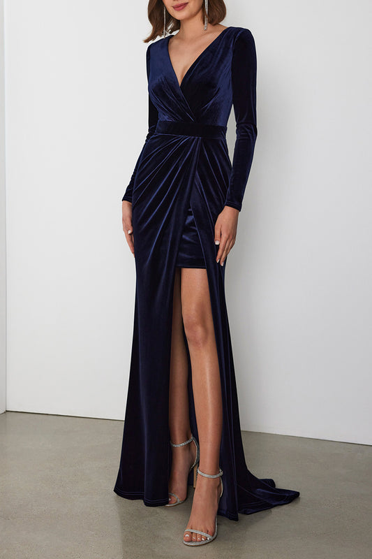Classic & Timeless V-Neck Long Sleeve Pleats With Side Slit Formal Cocktail Dress QM3385