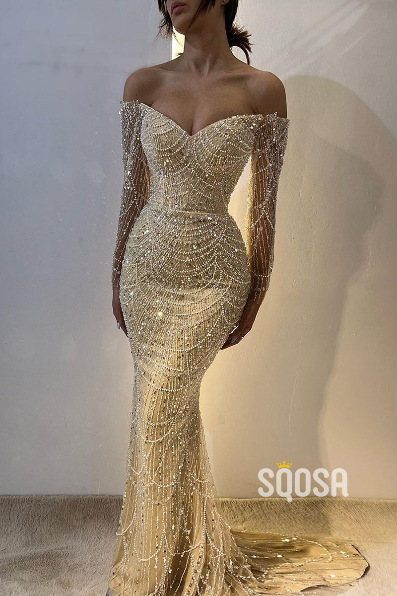 Sexy Bra Off Shoulder White Sequin Evening Dress Formal Party