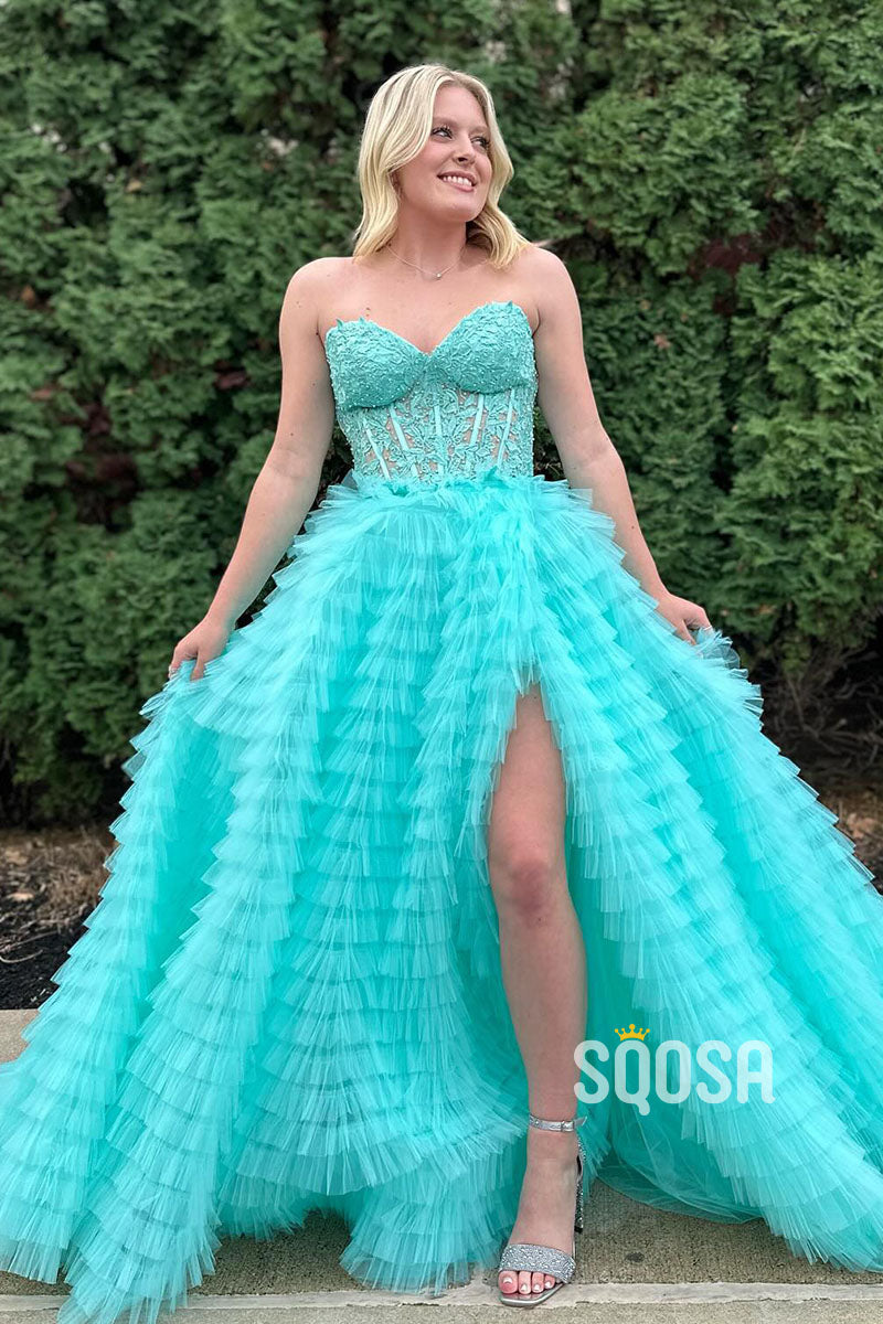 Blue Sweetheart Neck Tulle Long Prom Dress, Beautiful A-Line High Low Party Dress US 12 / Custom Color
