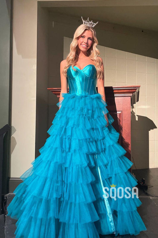 A-line Strapless Blue Tulle Ball Gown Long Prom Dress Princess Evening Gowns QP1202