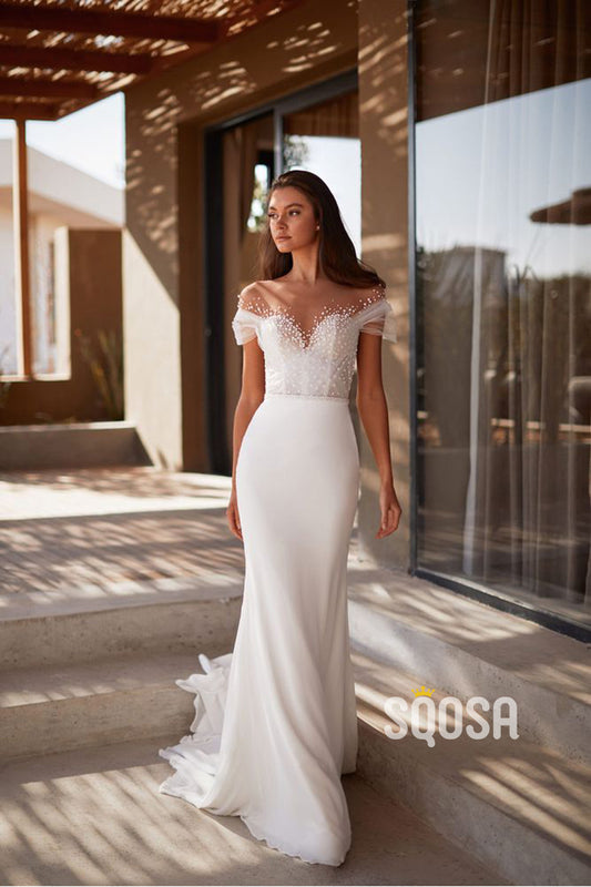 Illusion Neckline Pearls Short Sleeves Mermaid Wedding Dress QW2391