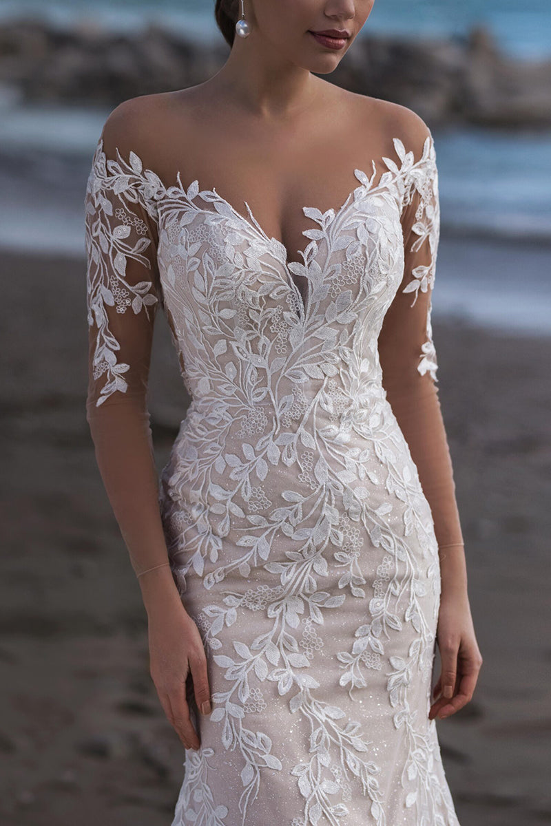 Unique Illusion Neckline Lace Wedding Dress Mermaid Bridal Gown with Sweep Train QW2289