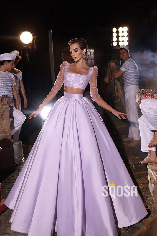 A line Square Neckline 3/4 Sleeves Two Piece Long Prom Party Dress QP1046
