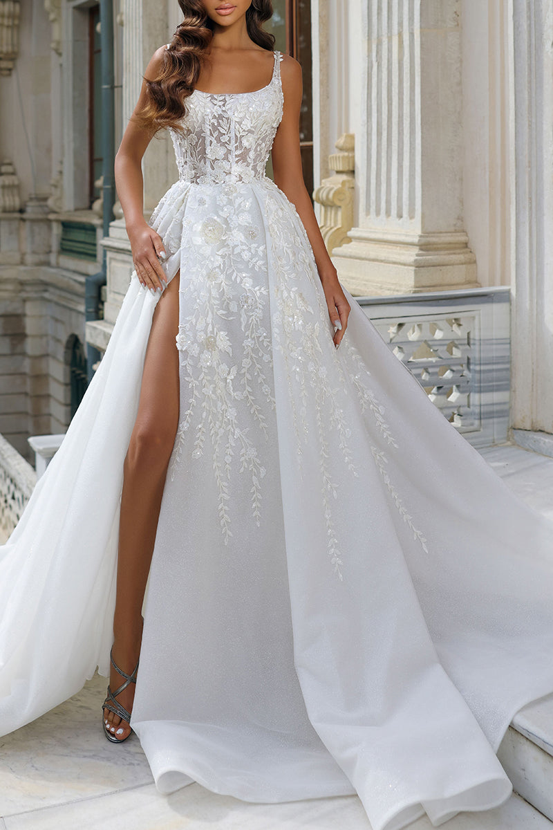 A Line Square Neckline Lace Appliques High Split Rustic Wedding Dress –  SQOSA