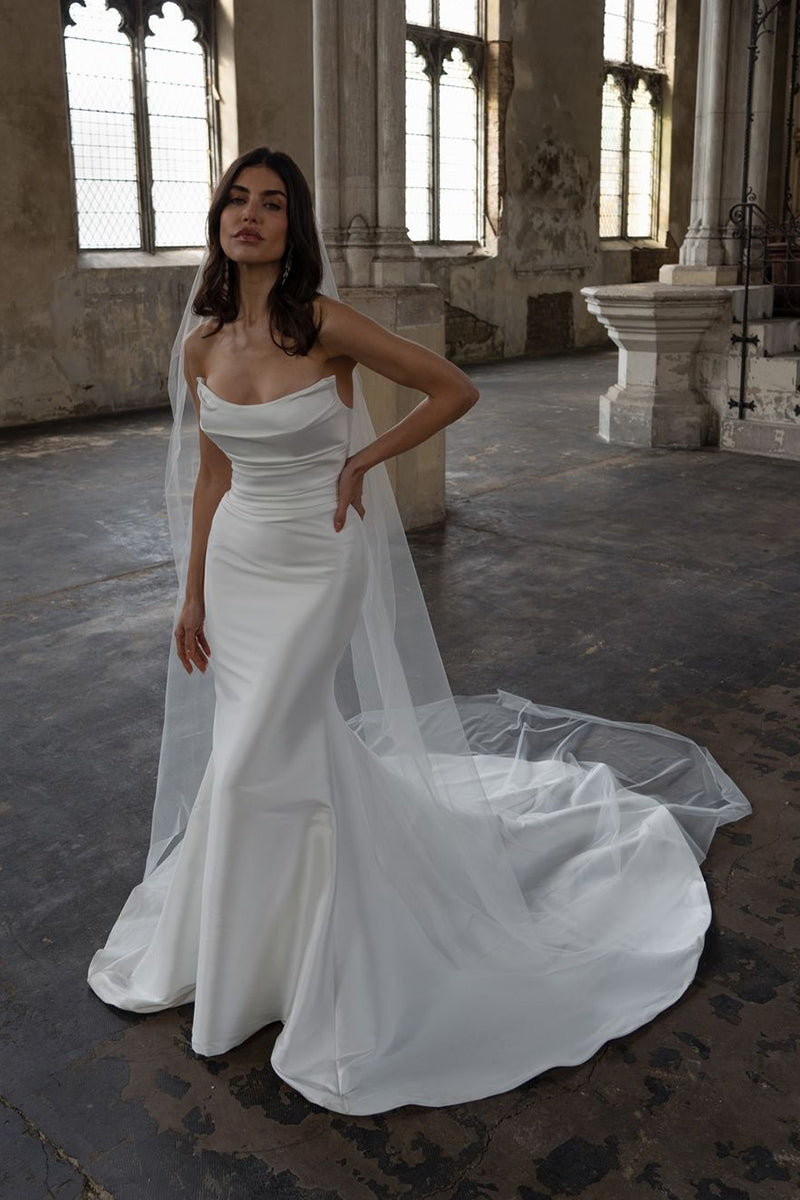 SQOSA Spaghetti Straps Pleats Satin Rustic Wedding Dress Bridal Gown QW2438 US6 / As Picture