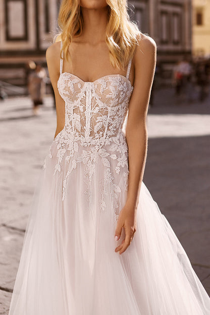 A Line Spaghetti Straps Lace Appliques Boho Wedding Dress Bridal Gown QW2329