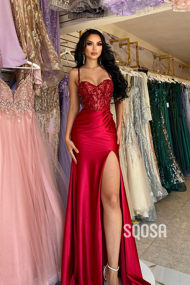 Spaghetti Straps Sweetheart Lace Appliques Red Mermaid Prom Party Dress with Slit QP1370