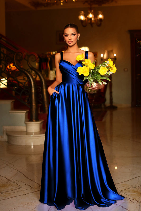 A Line Sweetheart Satin Pleated Long Prom Formal Dress with Pockets QP2090