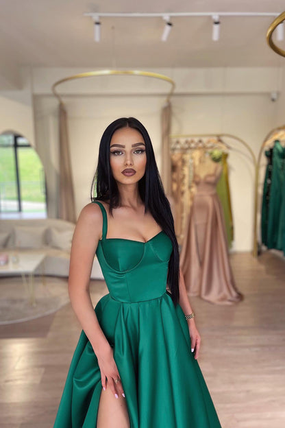 A Line Sweetheart High Split Green Long Prom Dress with Pockets QP1071