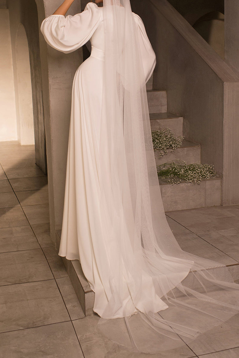 A Line V neck Long Sleeves Satin Simple Wedding Dress with Sweep Train QS2124