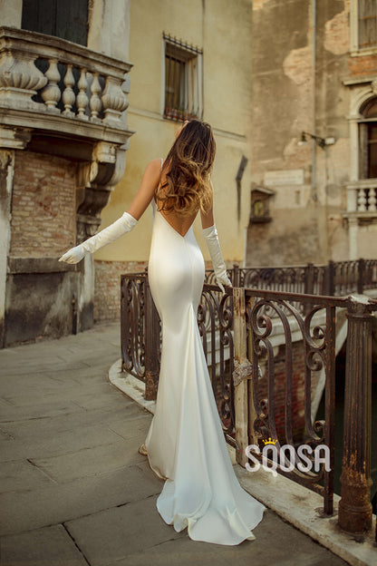 Sexy V neck Satin Pleats Simple Boho Mermaid Wedding Dress Backless QW2221