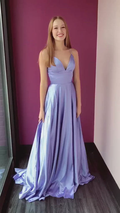Lilac Satin A-Line V-neck Spaghetti Straps Long Prom Dress with Pockets QP1226