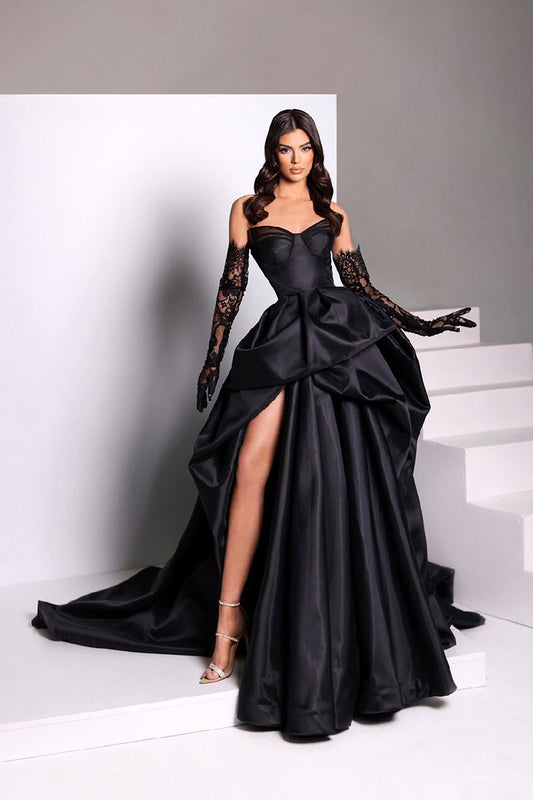 Ball Gown Sweetheart Side Slit Satin Pleated Long Formal Evening Gown QP1424