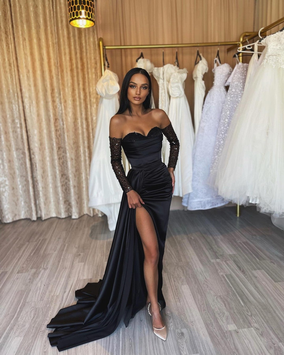 Off the Shoulder Long Sleeves Beads Black Prom Formal Evening Gowns QP –  SQOSA