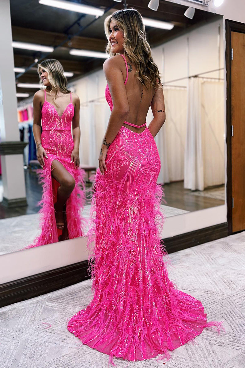 Plunging V-Neck Sequins Appliques Feathers Sparkly Prom Dress with Slit QP0935