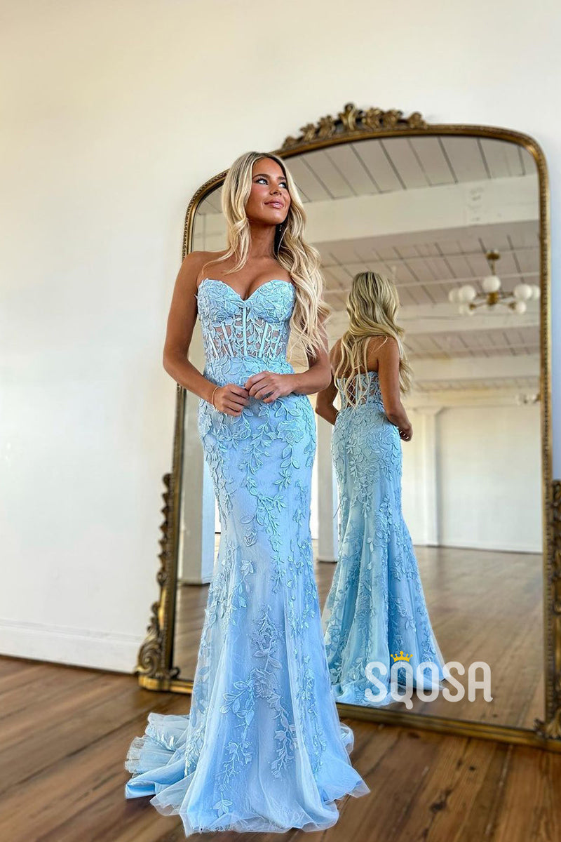 Sheath Sweetheart Lace Appliques Long Prom Dress for Teens QP2482