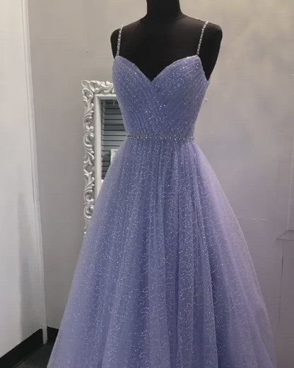A-line Spaghetti Straps V-neck Lilac Tulle Sparkly Prom Dress Pageant Dress QP2208