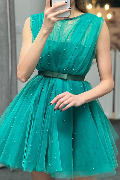 Unique Jewel Tulle Beads Short Homecoming Dress QH0850