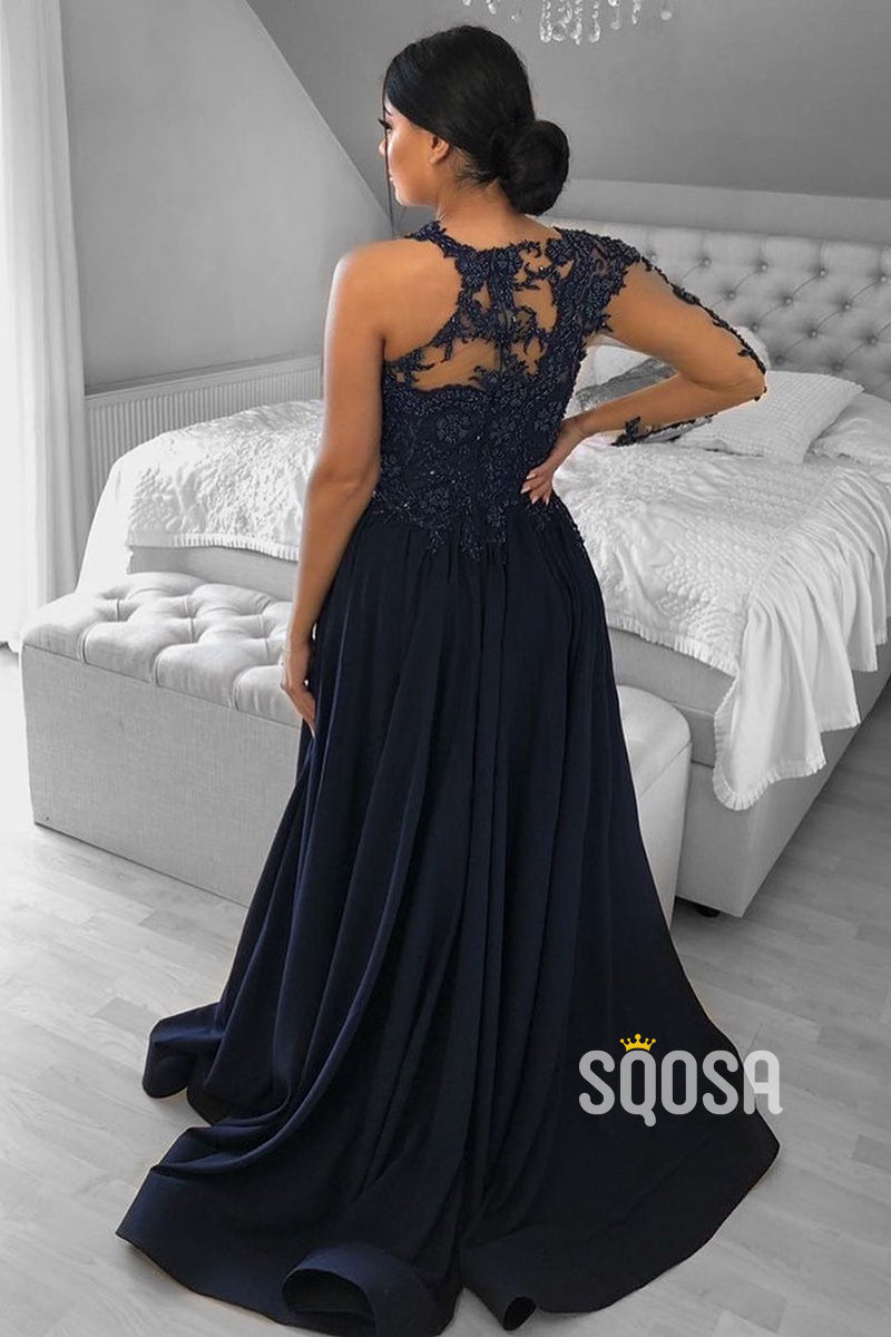 Illusion Neckline Lace Applique Long Sleeves Formal Evening Dress QP1165