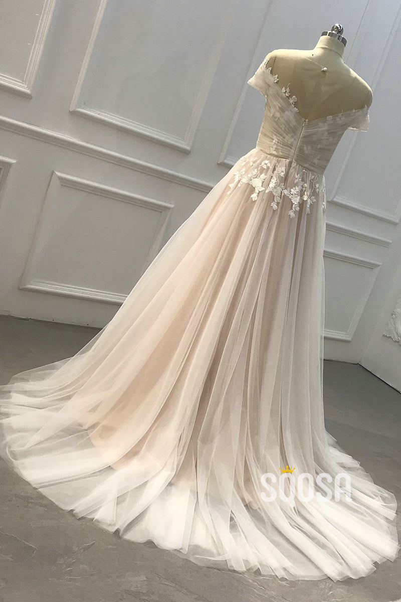 A-line Chic Illusion Neckline Appliques Country Wedding Dress with Sleeves QW2449|SQOSA