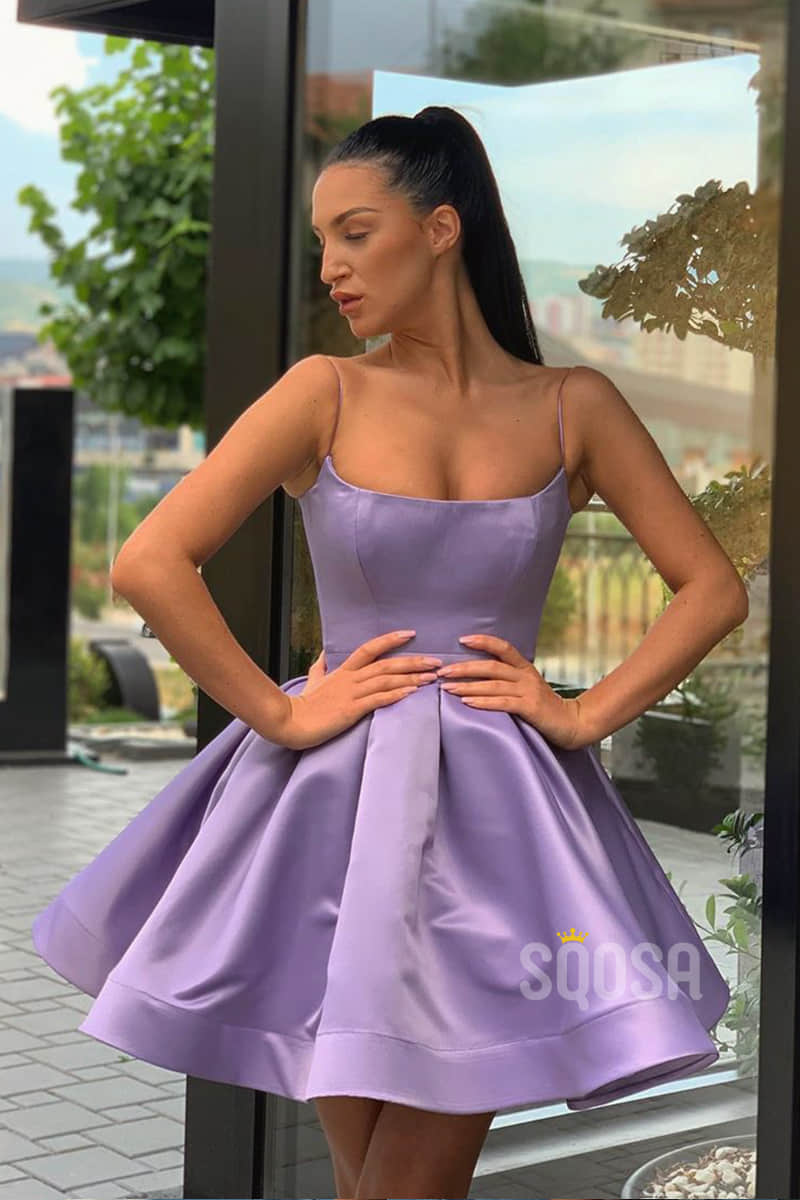 Lilac Satin Scoop Spaghetti Straps Cute Homecoming Dress Short