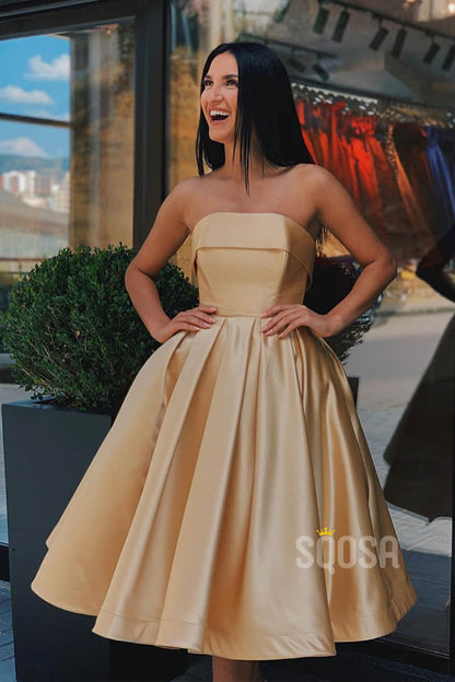 Champagne Satin Strapless Homecoming Dress with Pockets Tea Length Short Prom Dress QH0877