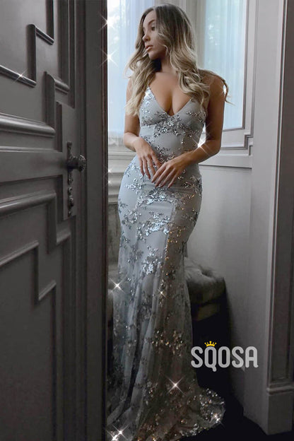 Silver Sequins Mermaid/Trumpet Prom Dress Spaghetti Straps V-neck Formal Evening Gowns QP1128|SQOSA