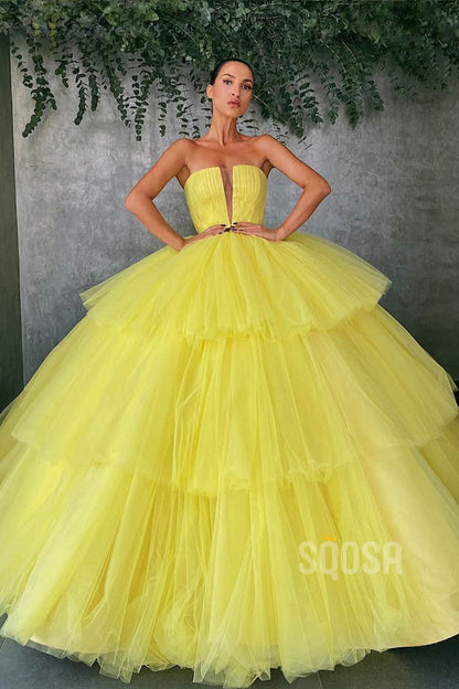 Ball Gown Strapless Yellow Tulle Long Prom Dress QP1253