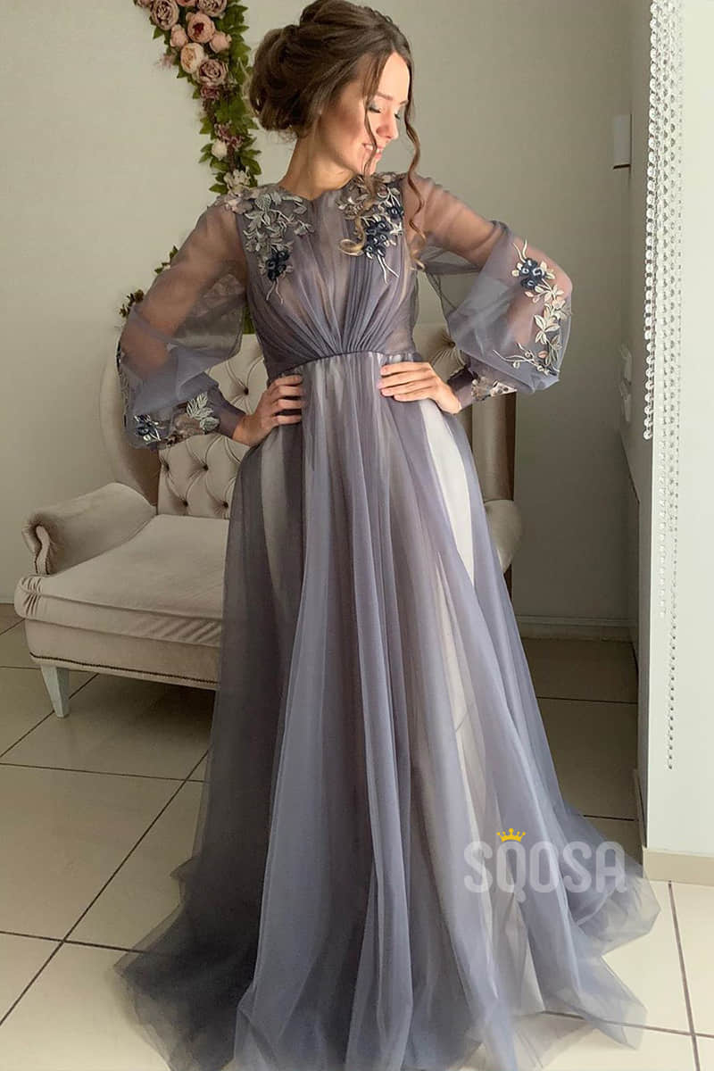 A-Line Illusion Long Sleeves Tulle Appliques Elegant Long Formal Evening Gowns QP1287