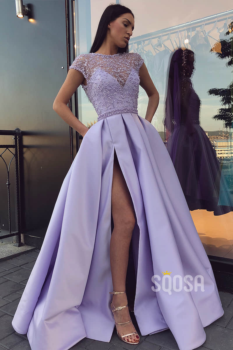 A-Line Lilac Satin Illusion Lace Top with Beadings High Split Long Prom Dress with Pockets QP1340