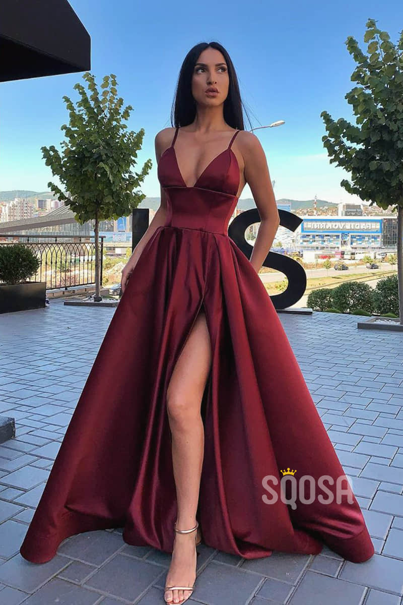 A-line V-neck Spaghetti Straps High Split Long Prom Dress with Pockets –  SQOSA