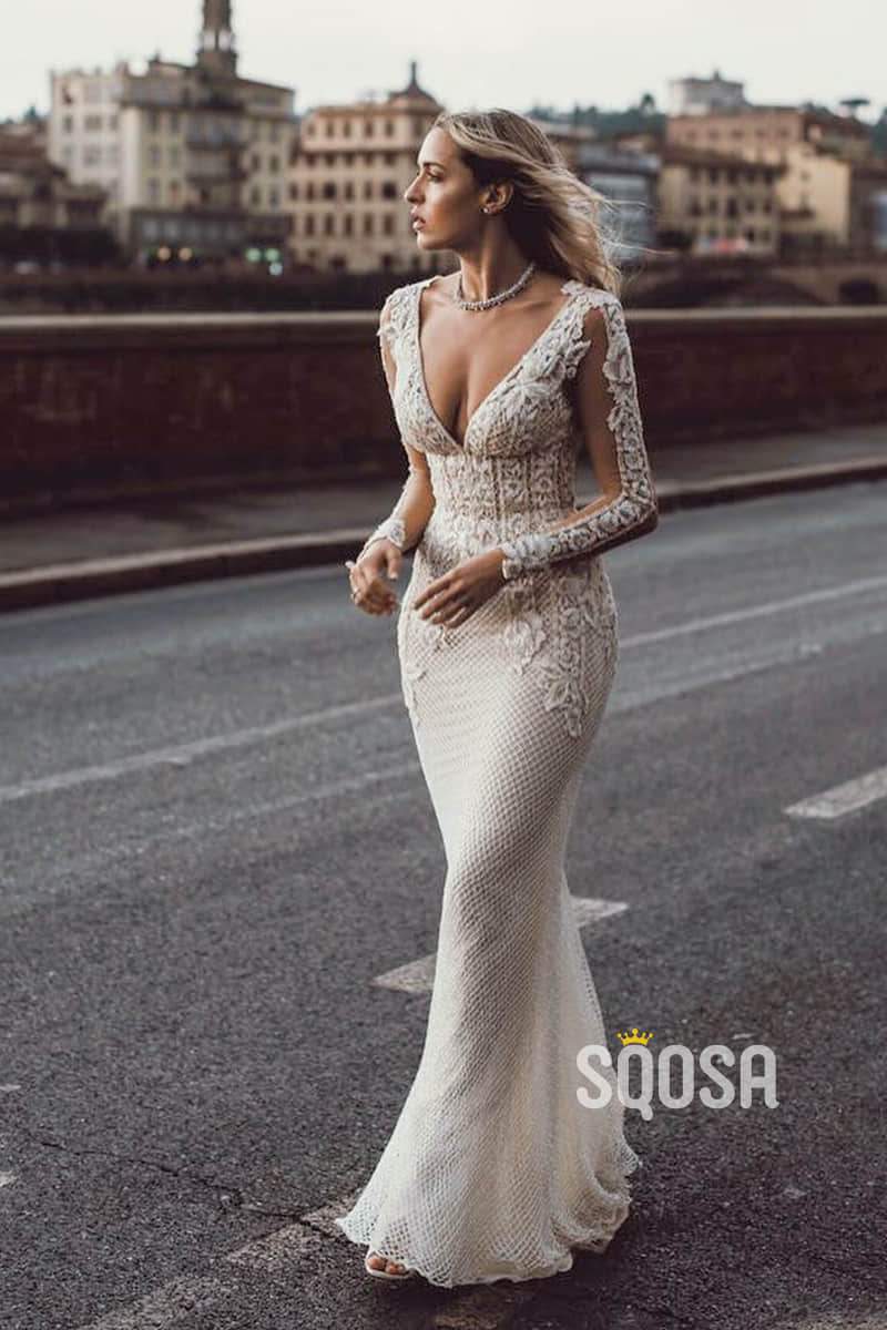 Attractive Deep V-neck Illusion Long Sleeve Appliques Lace Mermaid Wed –  SQOSA