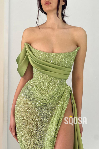Sheath Strapless High Split Green Long Prom Formal Dress QP2726
