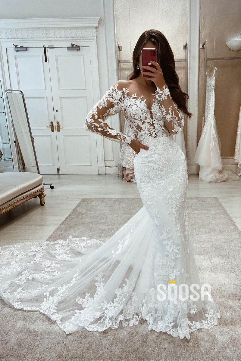 Illusion Neckline Long Sleeves Allover Lace Mermaid Wedding Dress
