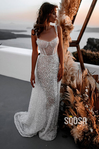 A-line Spaghetti Straps Sparkly Bohemian Wedding Dress QW2686