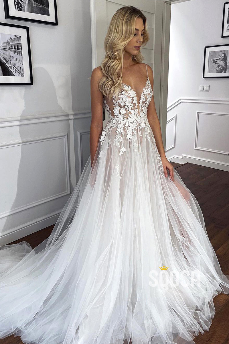 SQOSA Spaghetti Straps V-Neck Lace Appliques A-Line Tulle Rustic Wedding Dress QW2286 US14 / As Picture