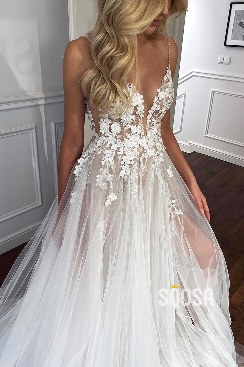 Spaghetti Straps V-Neck Lace Appliques A-line Tulle Rustic Wedding Dress QW2286
