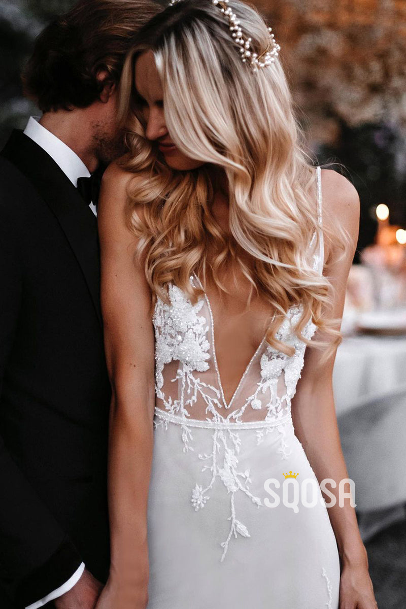 Attractive Deep V-Neck Lace Appliques Sheath Bohemian Wedding Dress QW2359|SQOSA