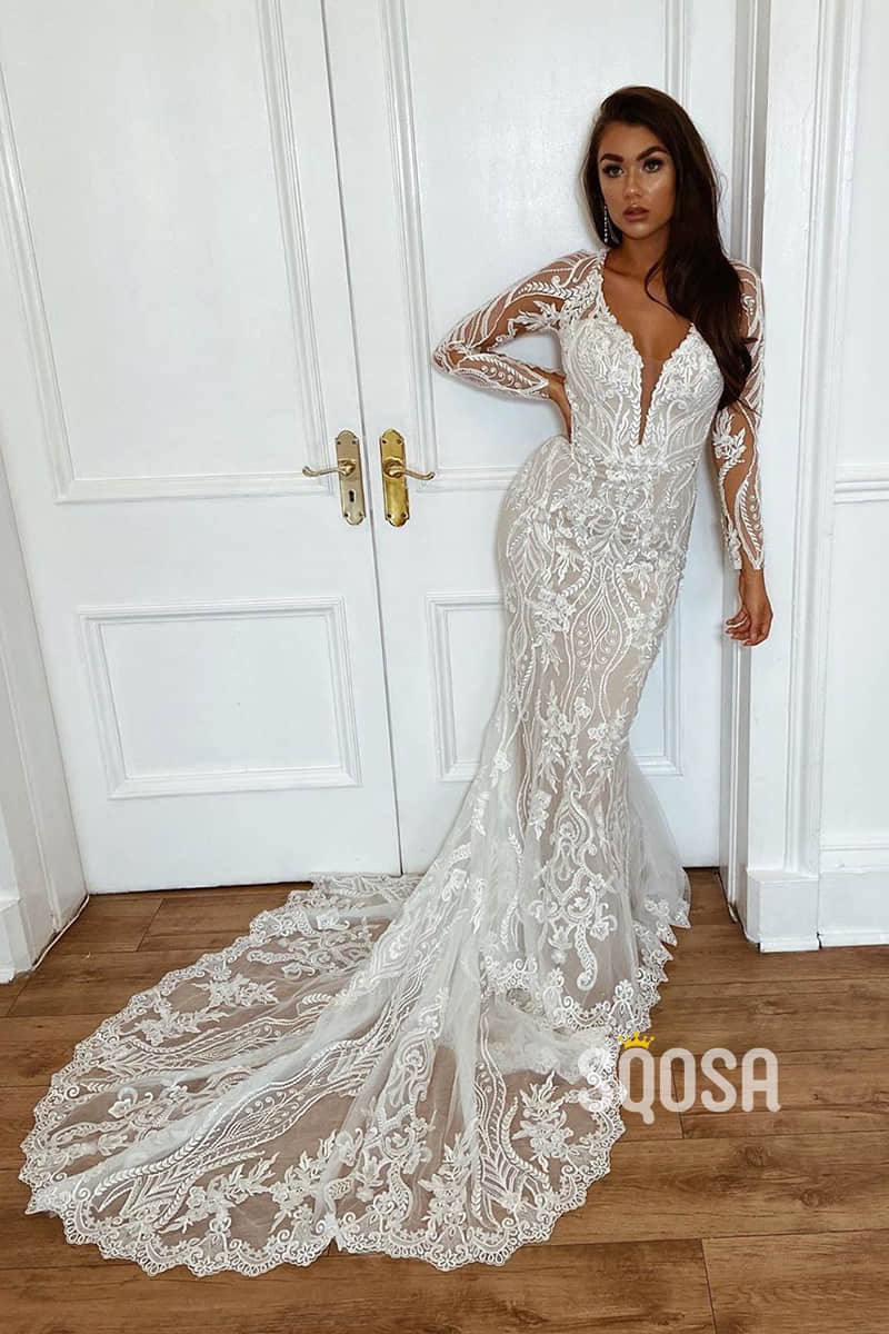 Plunging V-neck Exquisite Champagne Lace Wedding Dress Long Sleeves We –  SQOSA