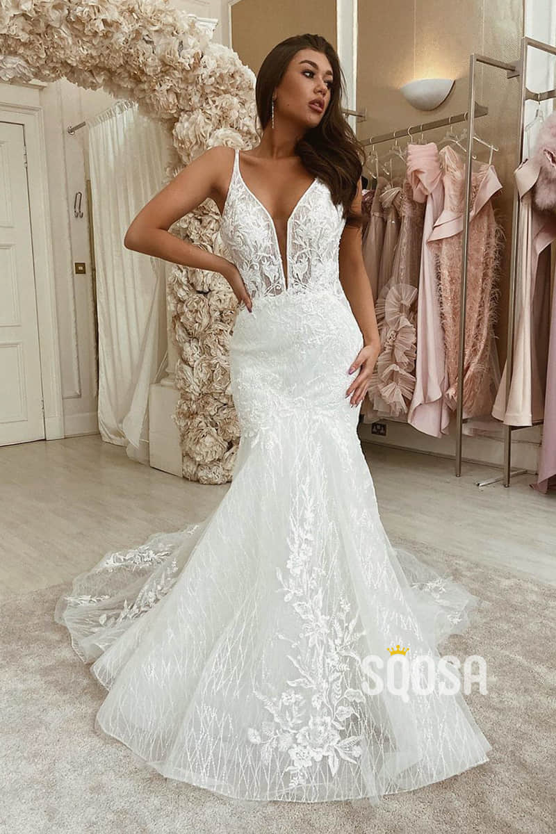 Mermaid/Trumpet Wedding Dress Attractive V-neck Appliques Lace Wedding Gown  QW2241