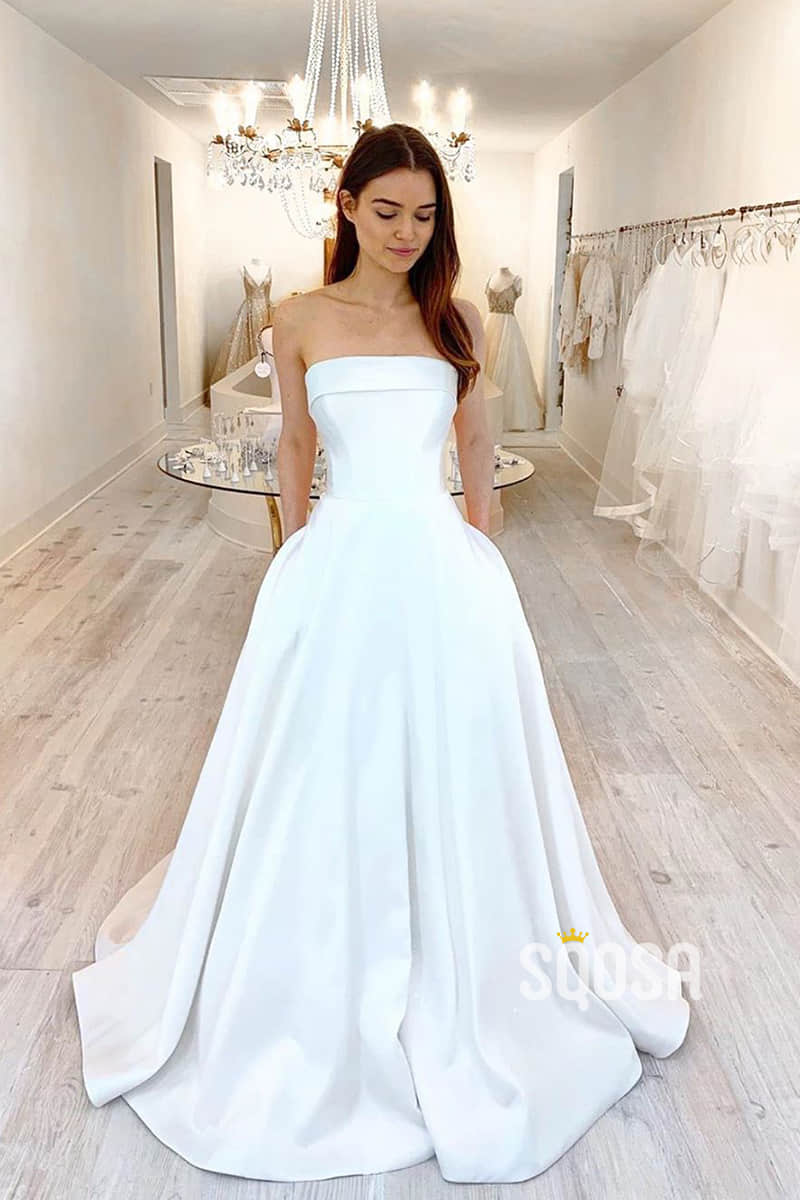 Sexy Satin Wedding Dresses with Side Split White Ivory Sweep Train Bridal  Gowns