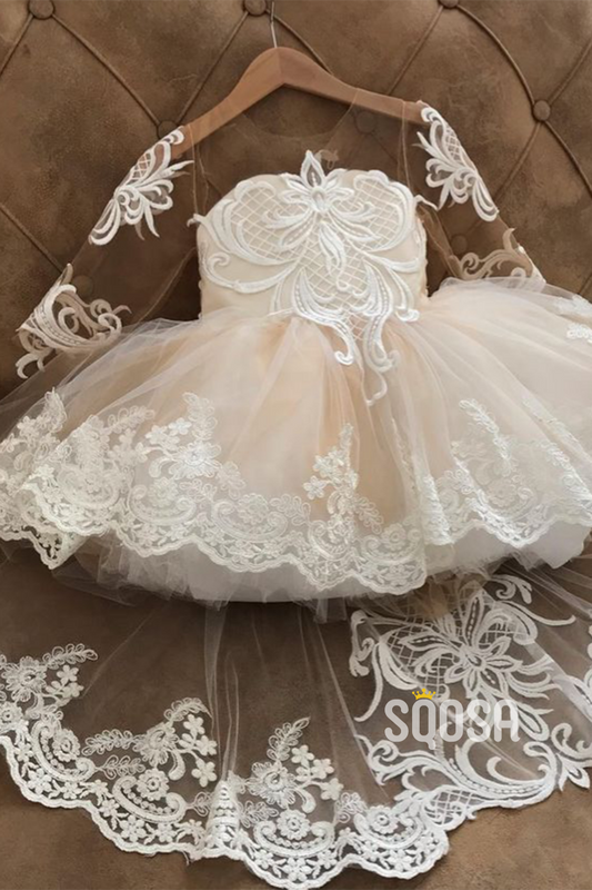 A-line Lace Appliques Long Sleeves Flower Girl Dress First Communion Dress QF1019