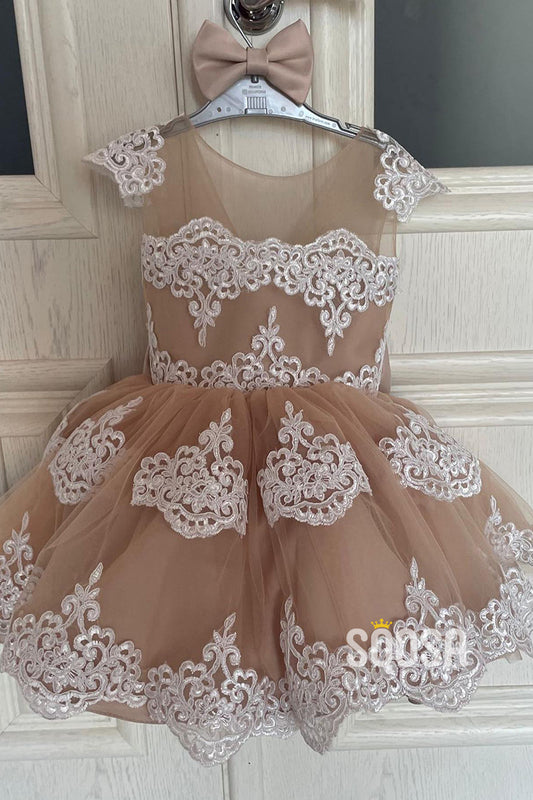 A-line Scoop Lace Appliques Champagne Flower Girl Dress First Commuinon Dress QF1023