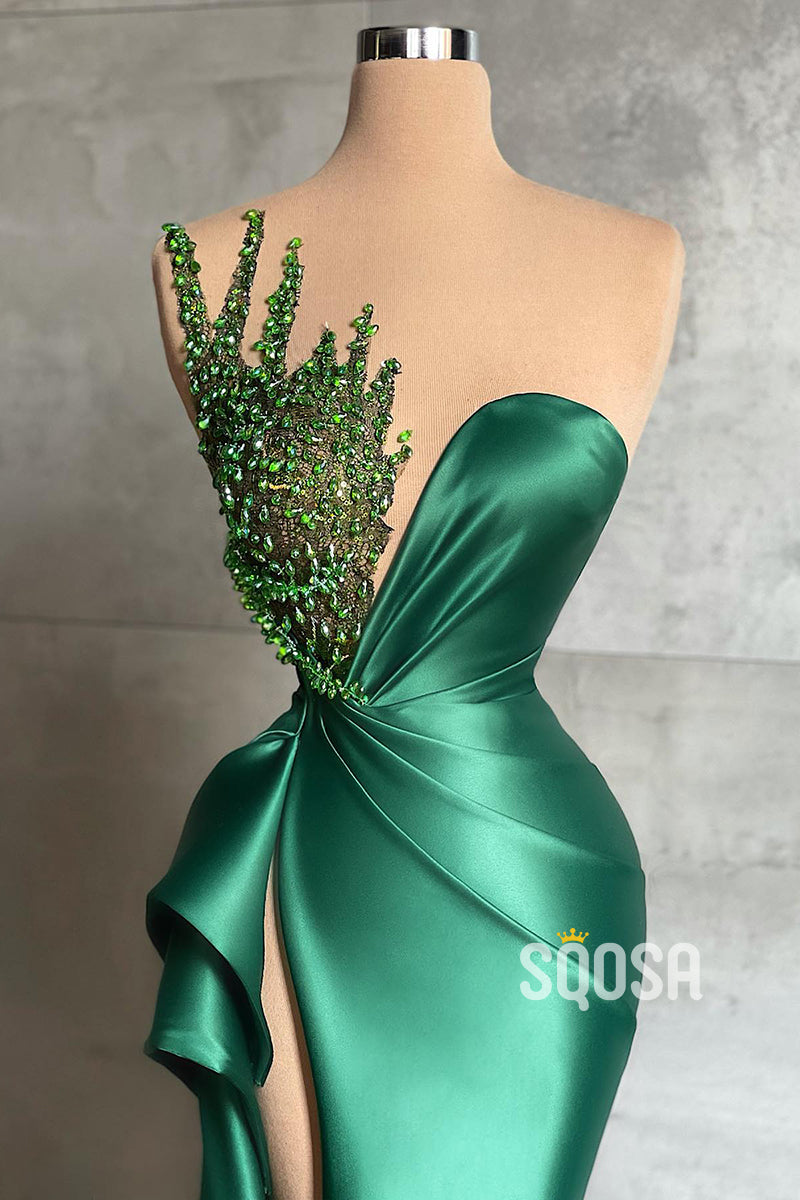 Sheath/Column Evening Dress Green Lace V-neck Long Prom Dress QP1378