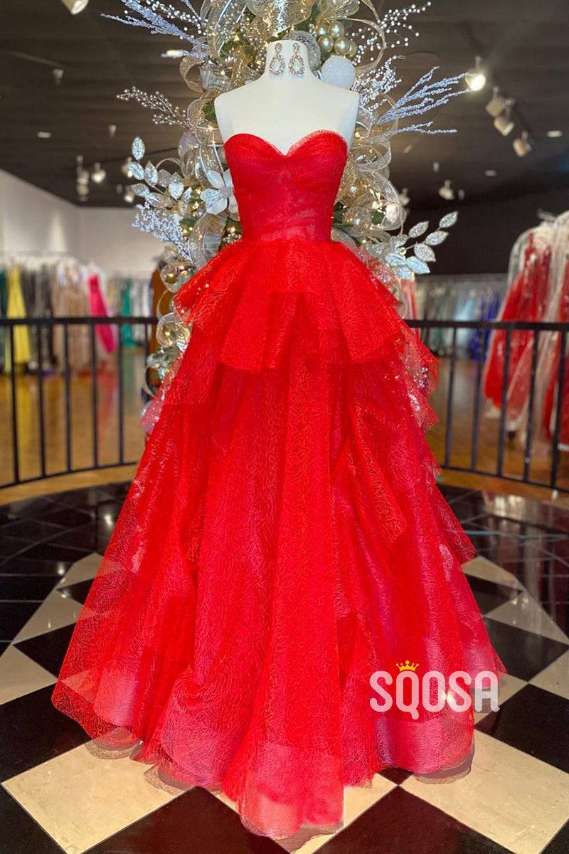 A-Line Sweetheart Red Tulle Ruffles Long Prom Dress QP3087 US14 / Red